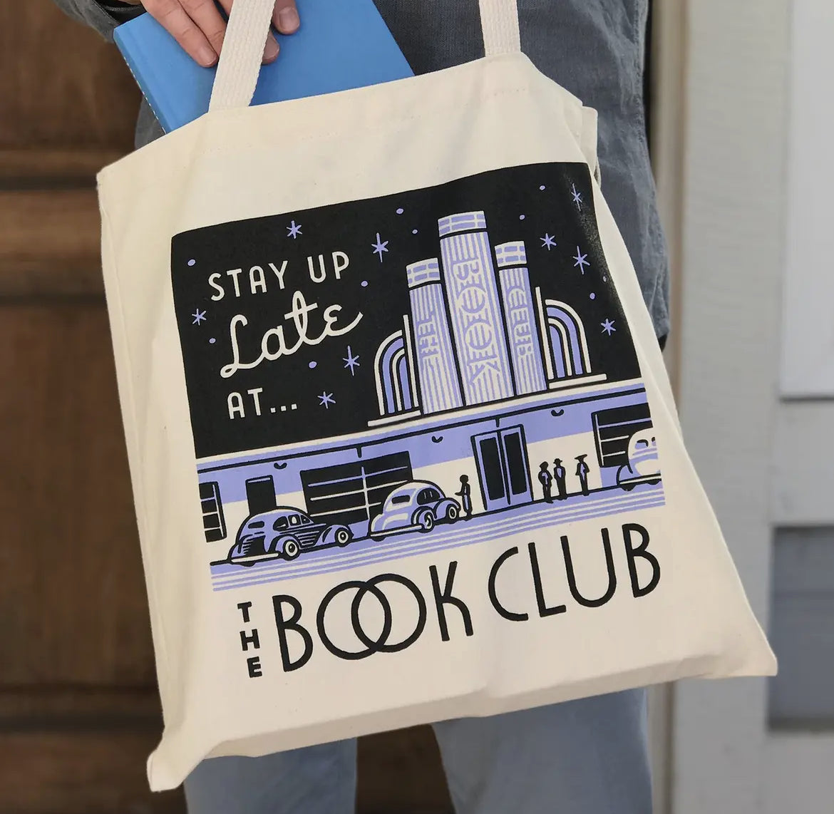 Stay Up Late at the Book Club tote bag